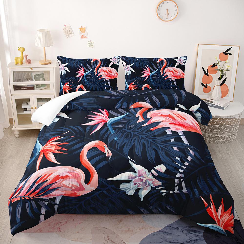 Cartoon Flamingo Duvet Cover Set, Tropical Leaves Comforter Cover Palm Tree Pattern Bedding Set, Colorful Polyester Quilt Cover