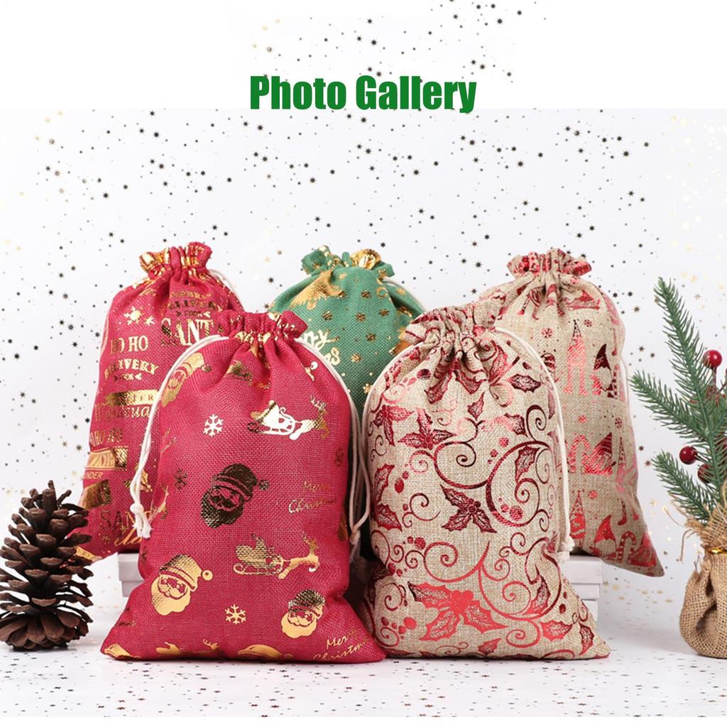 Gold Foil Christmas Gift Bag Medium Burlap Bags With Drawstring Christmas Candy Pouch For New Year Wedding Birthday Party
