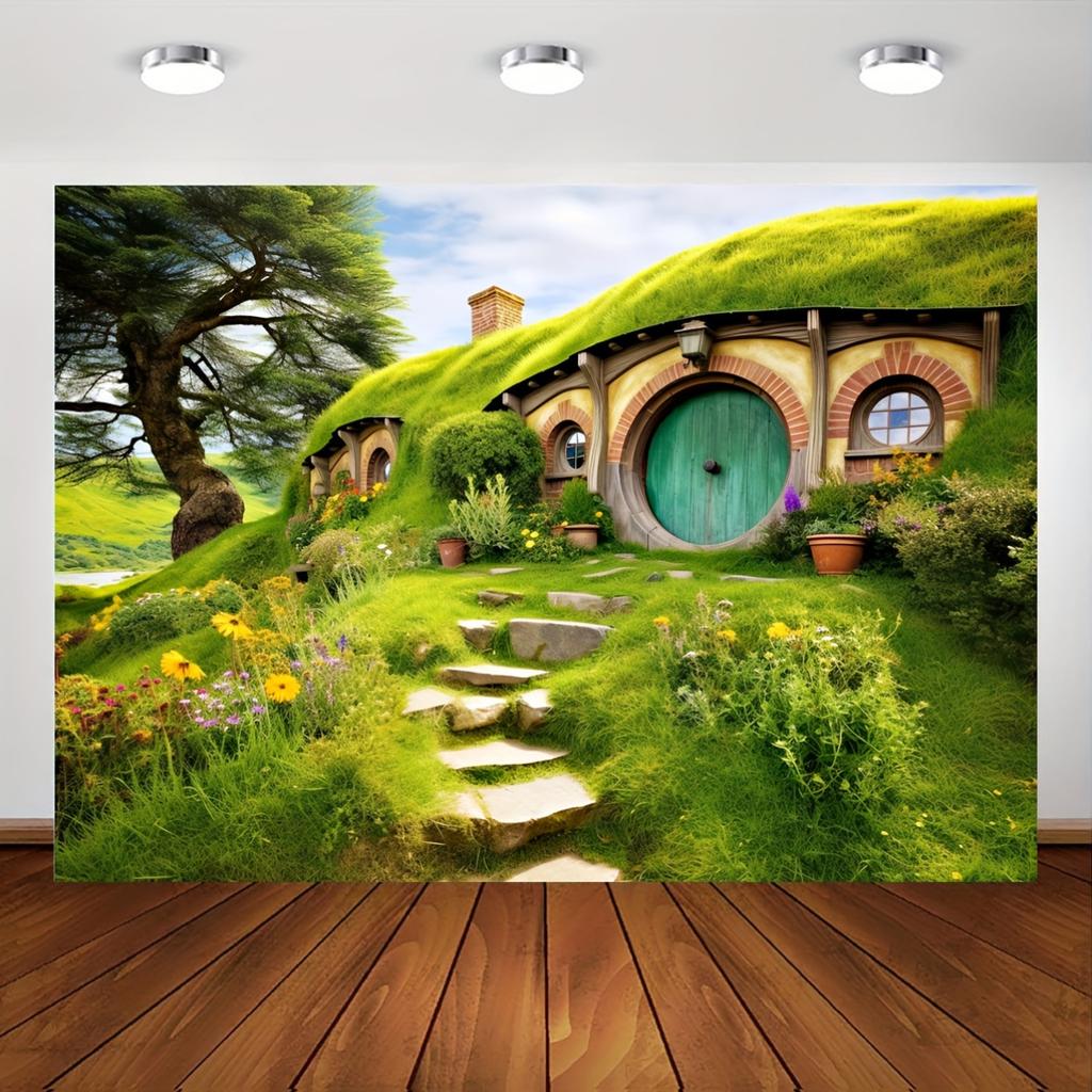 2D Flat Banner 1 Piece - Polyester Green Hillside Cabin Background Fabric