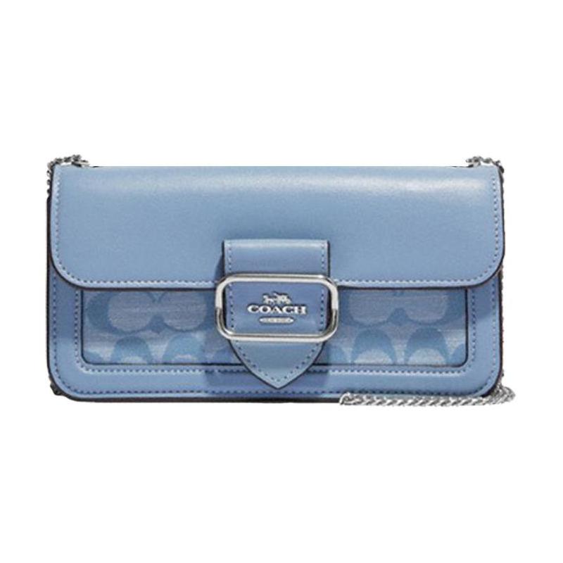 

COACH Morgan 20 classic presbyopic buckle closure, chambray fabric and cow leather, shoulder crossbody bag, small size, women s cornflower blue синій