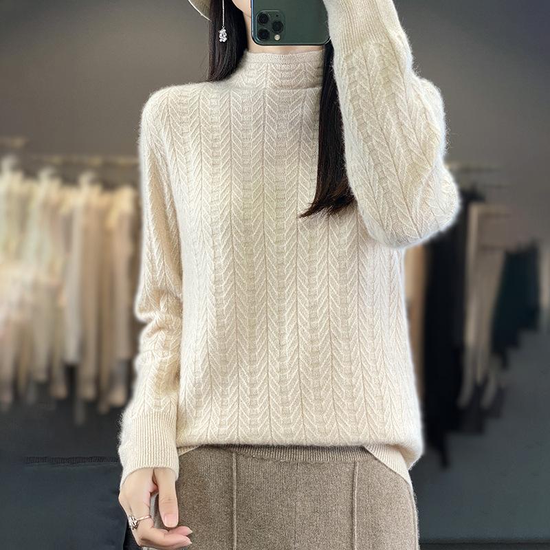 Women's Half-high Neck Jacquard Solid Color Full Wool Pullover Sweater Loose Casual Commuter Autumn and Winter New Knitted Long Sleeves