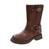 Autumn and Winter New Soft Leather Spice Girls Tooling Boots Women's Locomotive Boots Medium Boots New Thick Heel Knight Boots