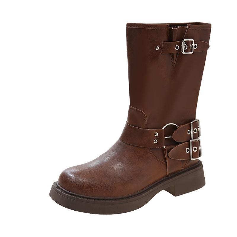 Autumn and Winter New Soft Leather Spice Girls Tooling Boots Women's Locomotive Boots Medium Boots New Thick Heel Knight Boots