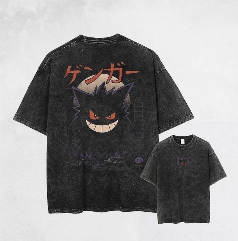 Pokemon Gengar Shadow Ghost Vintage Washed Oversized Graphic Tee Cotton S