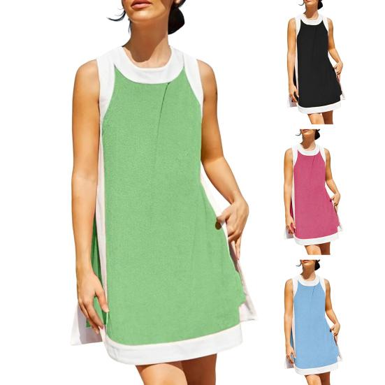 Two Piece Set for Women Summer Boho Color Block Outfits Sleeveless Crewneck Side Slit Mini Dress Casual Lounge Short Sets