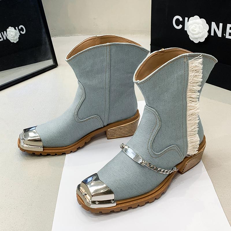 

модные женские ковбойские ботильоны с квадратным носком, брендовые высокие каблуки, новые туфли с цепочкой, женские туфли 2025 года, модные туфли-лодочки, зимняя готическая обувь Botas Mujer 40 небесно-голубой