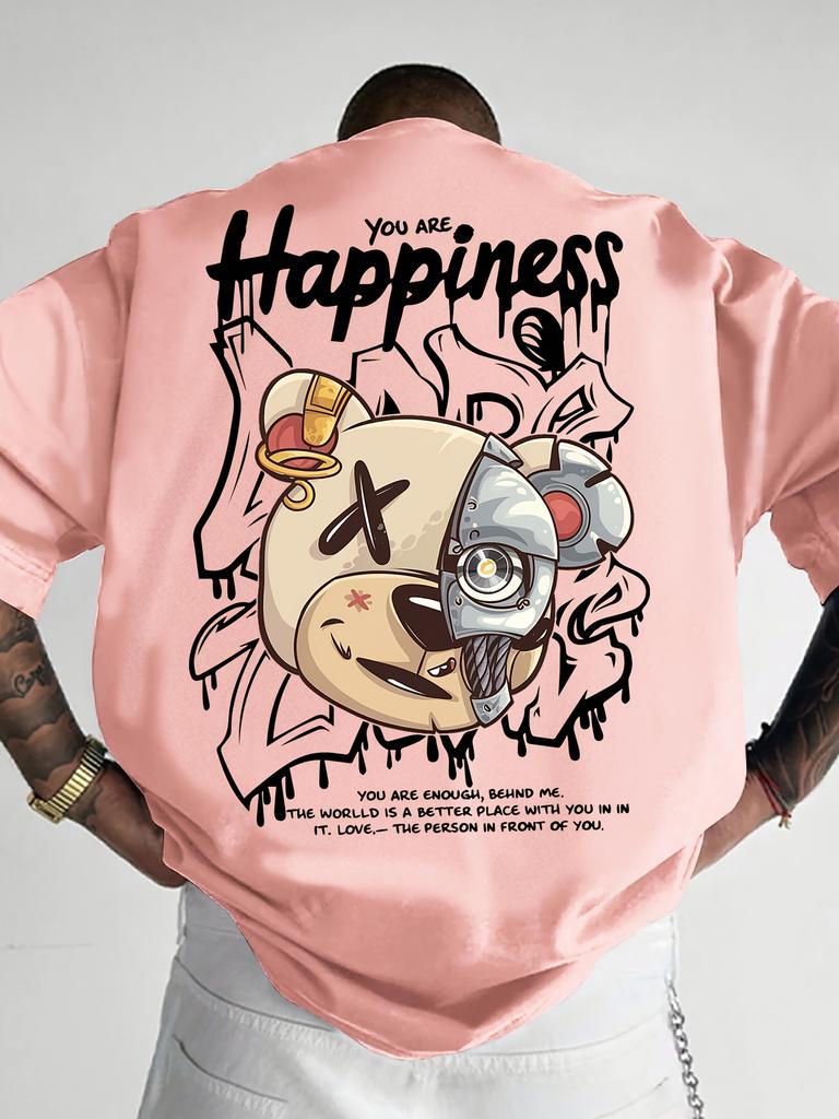 Modny męski nowy letni T-shirt z nadrukiem maszyny, misia i litery, wygodny i oddychający, z okrągłym dekoltem, do noszenia na zewnątrz, w mieście, na ulicy