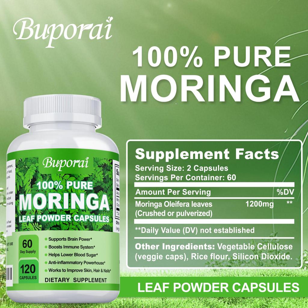 Moringa Capsules, Pure Oleifera Leaf Powder Pills, 1200mg Per Serving, Immune System, Metabolism,  Non GMO
