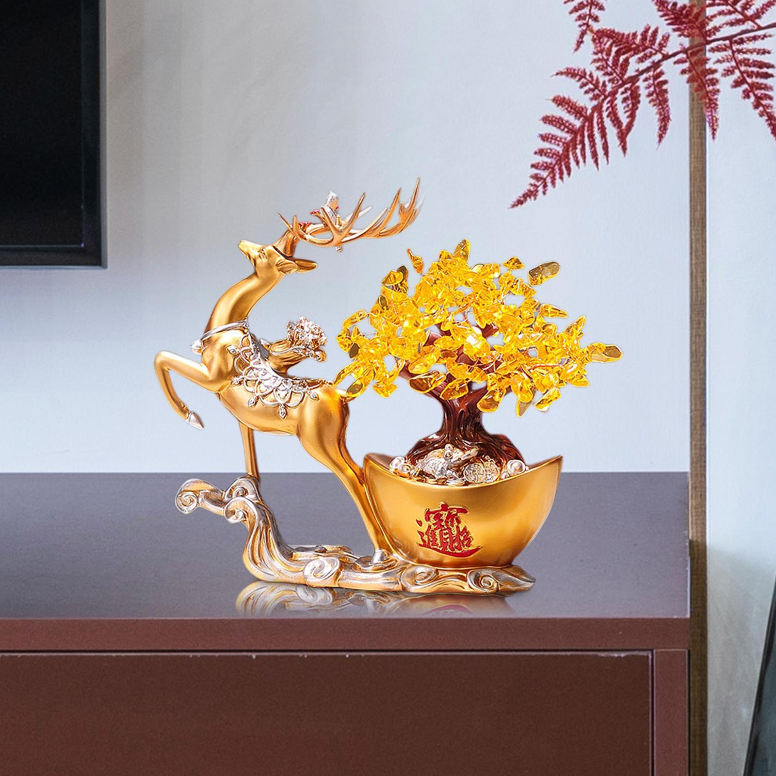 

Majestic Reindeer Sculpture with Money Tree Ornament for Home Decor Gold