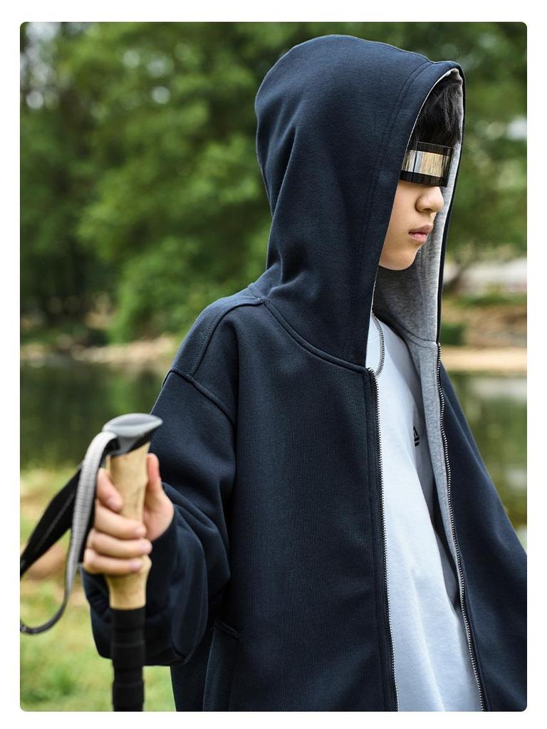 Męska bluza z kapturem i zamkiem, kardigan, niebiesko-szara - Rozmiar od M do L