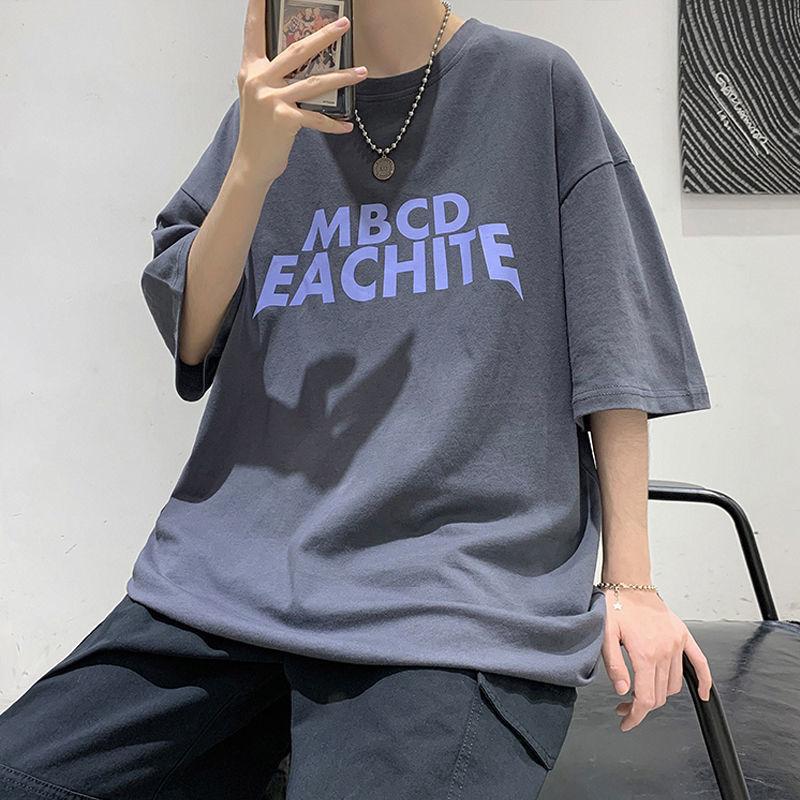 Fashionable Letter Printed T-shirts Summer Korean Short Sleeve Men's Clothing Young Style Casual Round Neck Chic Loose Pullovers
