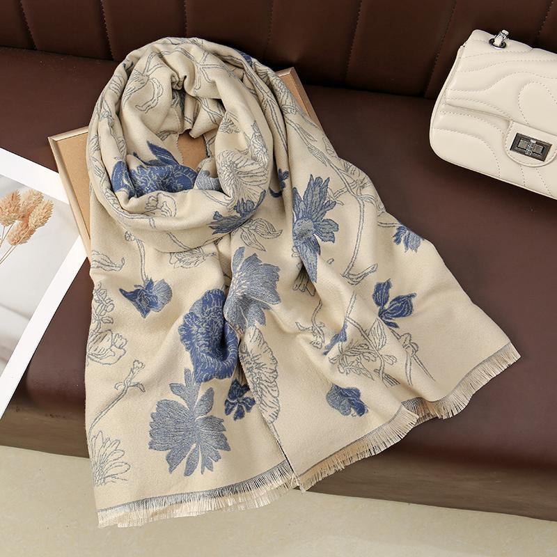 Peony Printed Cashmere Scarf Women Winter Luxury Pashmina Blanket Thick Shawl Wrap Neckerchief Fashion Bufanda Echarpe Poncho