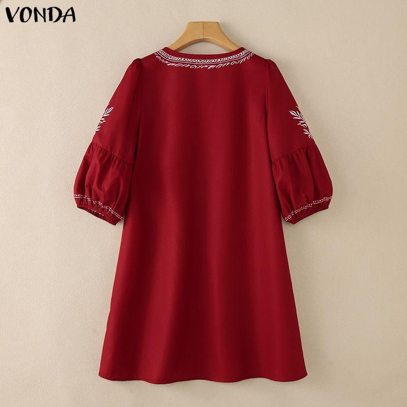 VONDA S-5XL Summer Women V Neck 3/4 Sleeve Print Elegnat Casual Loose Dress