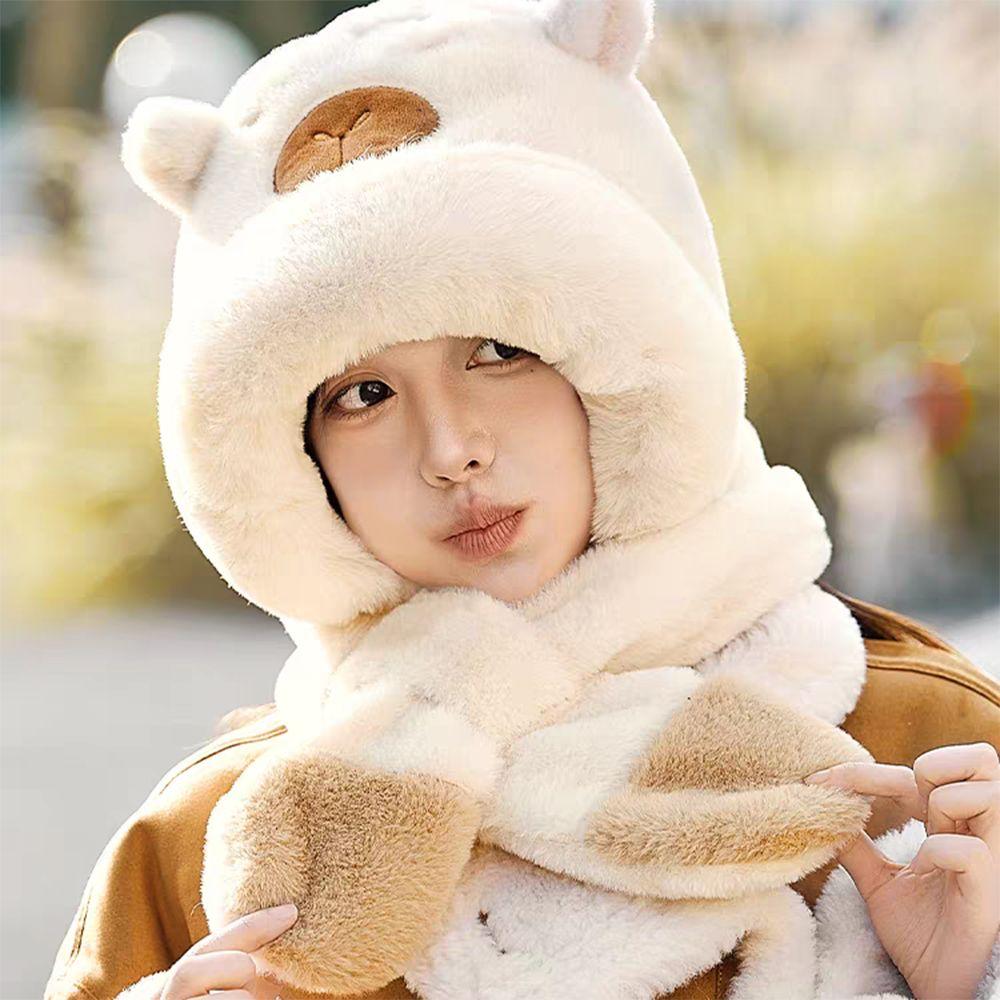 Thickened Capybara Hooded Scarf Set Soft Plush Plush Hat Scarf Set  Cycling Protection