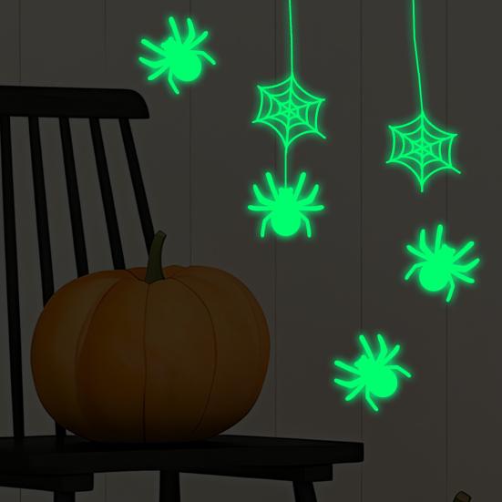 Self Adhesive Spooky Room Accents Glow In The Dark Halloween Stickers, Scary Spider And Web Luminous DIY Haunted House Layout Supplies Wall