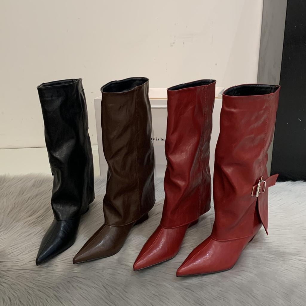 Pointed but Knee Boots Women's Thick Heel Boots Brown Vintage Knight Boots Belt Buckle Fried Street Pant Pants Boots