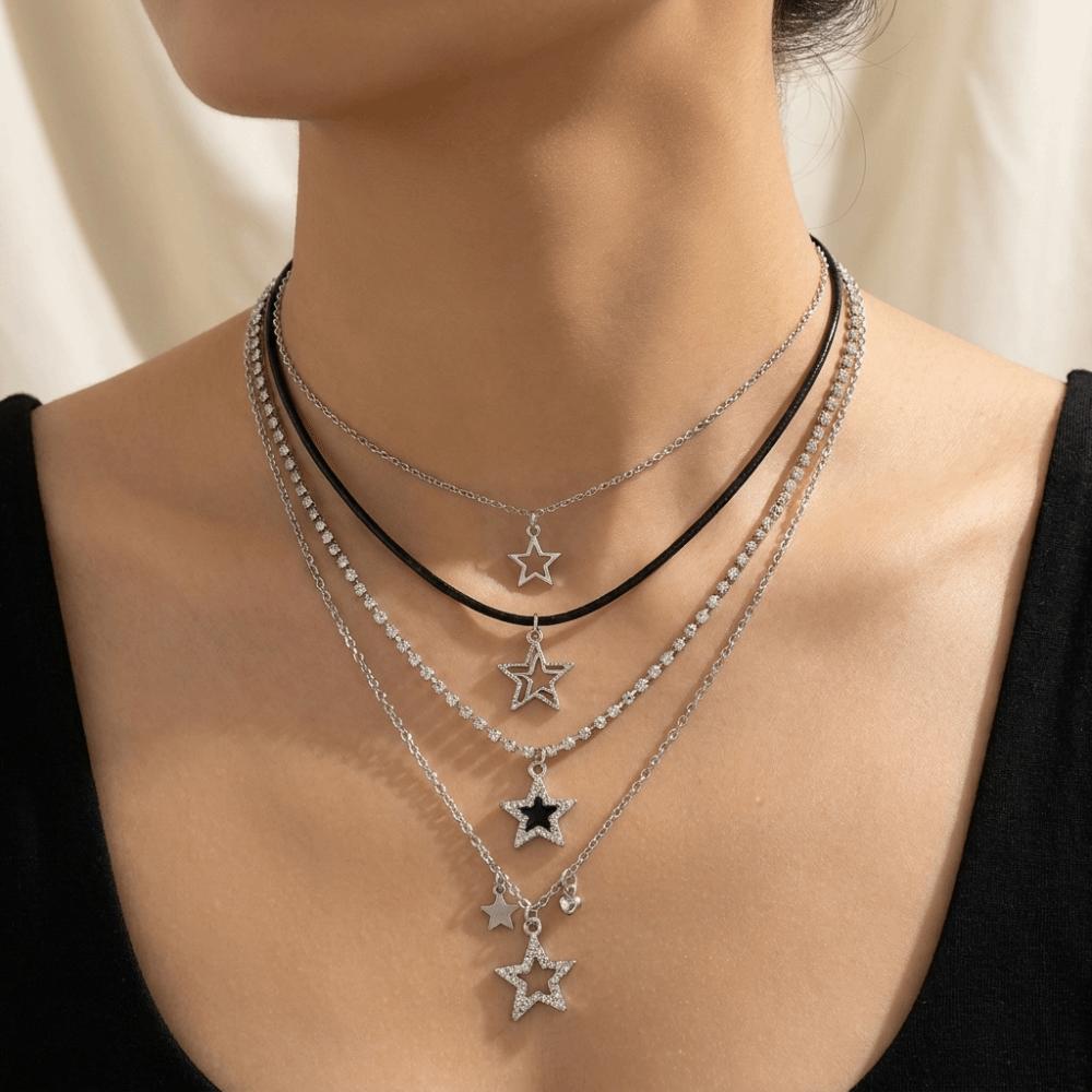 Hollow Out Star Pendant Necklace Punk Goth Y2K Metal Necklace Charm Beaded Necklace Girl