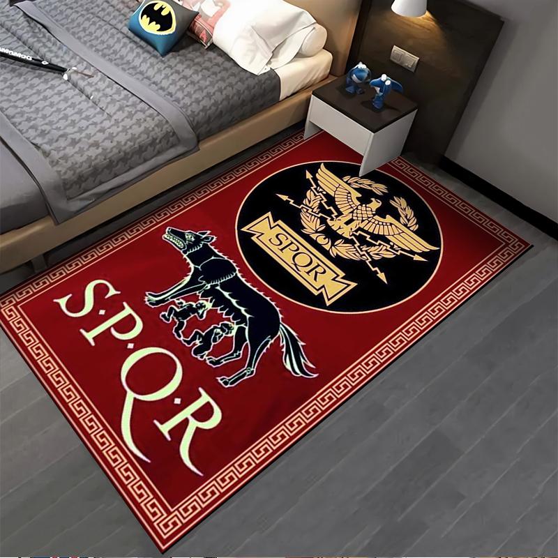 Roman-Inspired SPQR Carpet with Eagle and Wolf, Red Gold Pattern Design Suitable for use as an anti-slip for living room bedroom sofas