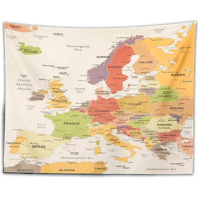 BULOR  Map Tapestry Wall Hangings EU Euro Vintage Map with Countries Cities Tapestry For Kids Student Bedroom Living Room Dorm Cave Background