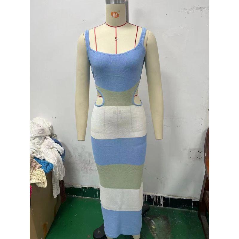 

Fashion Wind Contrast Color Backless Lace up Vacation Beach Knitting Dress Sexy Backless Knit Dress Light Blue XL