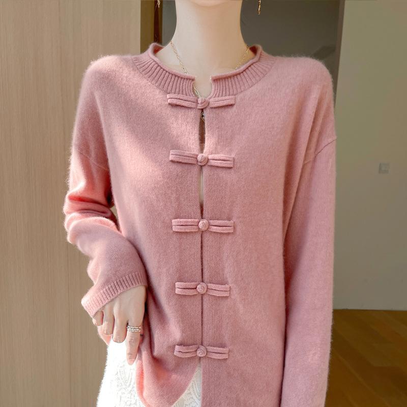 New Autumn and Winter Heavy Industry New Chinese Wool Cardigan for Women Knitted Button Jacket Retro Sweater Top Pure Wool Shirt