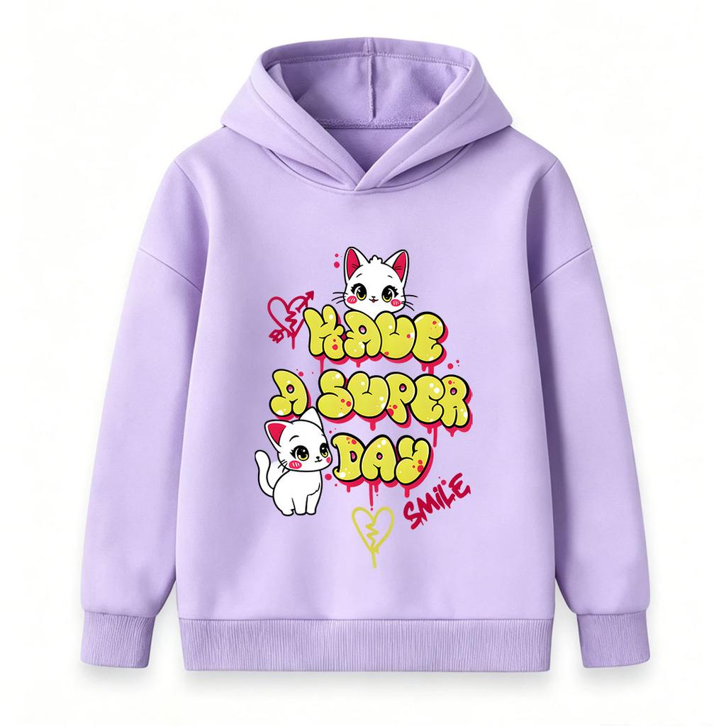 Kids Boys Girls Pullover Hoodie, Cute White Cat Graffiti Print 'Have A Super Day' Casual Soft Long Sleeve Hooded Sweatshirt for Daily Warm Wear