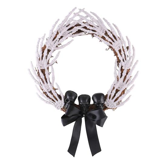 White Bone Garland Halloween Skeleton Hand Wreath for Front Door, Gothic Spooky Hanging Decoration Rattan with Black Bow And Skulls Door Wall Holiday
