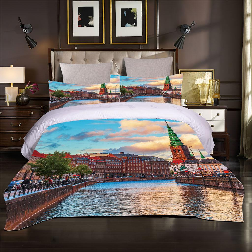 King Queen Duvet Cover City Scenery 3D Single Double Quilt Cover Polyester Bedding Collection For Kids Teens Adults With Pillowcase