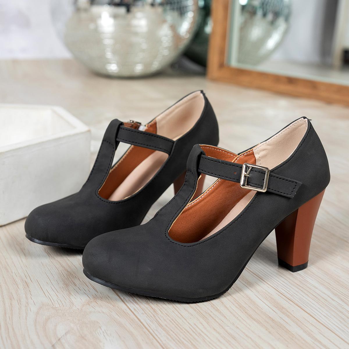 

2026 Spring New Pointed Shallow Mouth T-shaped Buckle with Thin Heels Women s Fashion Large Single Shoes 44