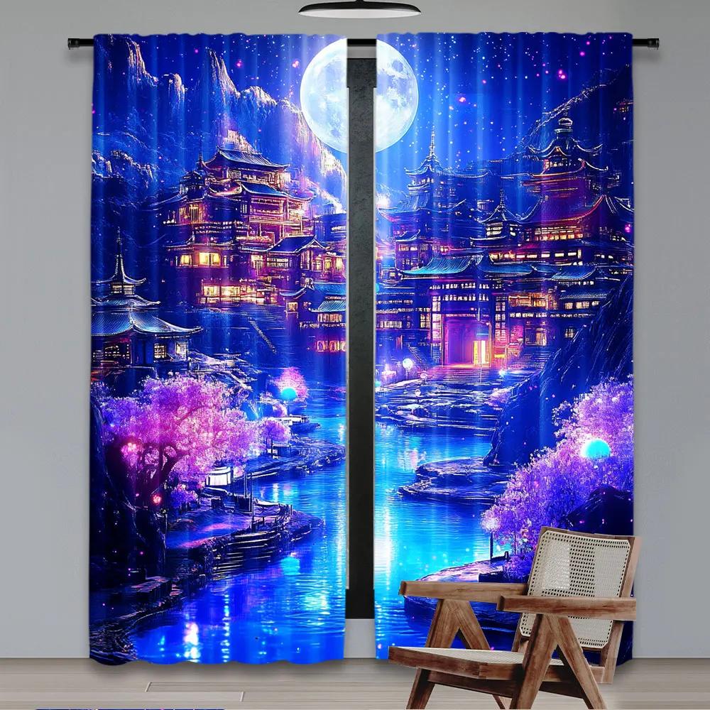 Set Of 2 Fantasy Landscape Curtain Bedroom Moonlight Mountain Castle Water Floral Room Decor Nature Aesthetic Living For Made Polyester