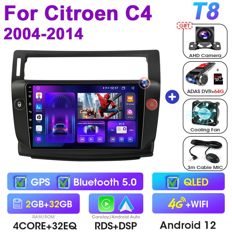 For Citroen C4 C-Triomphe Quatre 2004-2014  Android 12 Car Radio GPS Navigation Carplay Auto intelligent Systems Smart Autoradio