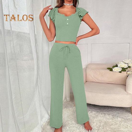 

2 шт./комплект летний женский топ брюки костюм короткие рукава круглый вырез плиссированные плечи блузка эластичный пояс брюки наряд домашняя одежда пижама комплект S розовый