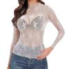 Women Tops Mock Collar Long Sleeve Slim Fit Blouses Sexy See-through Floral Embroidered Lace Mesh Shirt