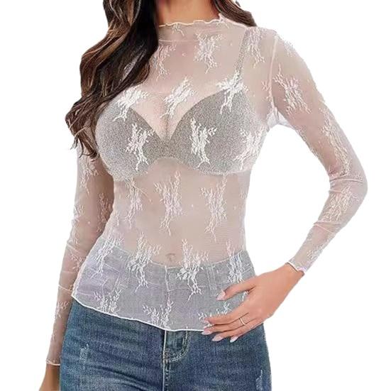 Women Tops Mock Collar Long Sleeve Slim Fit Blouses Sexy See-through Floral Embroidered Lace Mesh Shirt