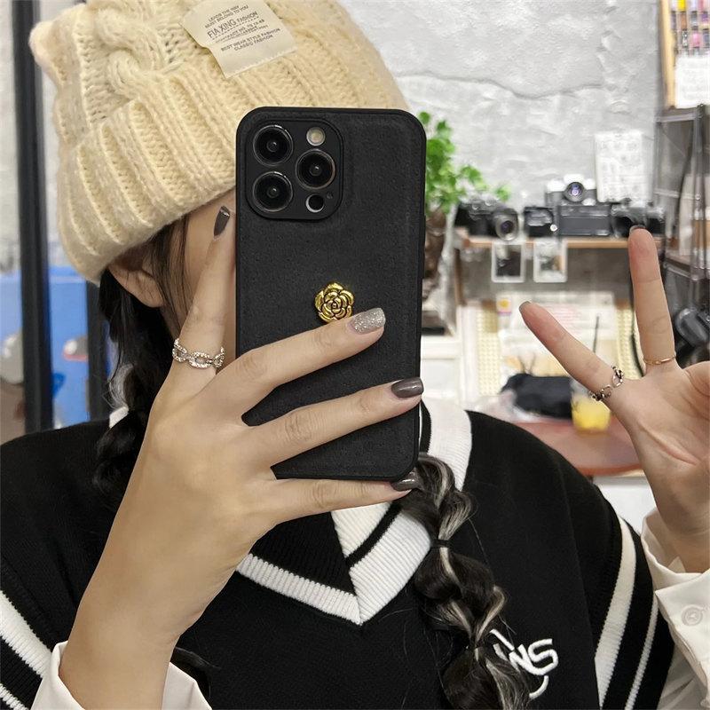 Husă de telefon de lux coreeană retro cu flori de camelie 3D, culoare solidă, pentru iPhone 15 14 13 12 11 Pro Max, funda antișoc kawaii