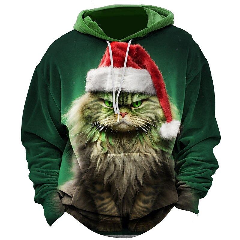 3D Print Christmas Cat Graphic Hoodie Men's Cute Santa Claus Pattern Loose Casual Comfortable Clothes Autumn Harajuku Style Kids Pullover