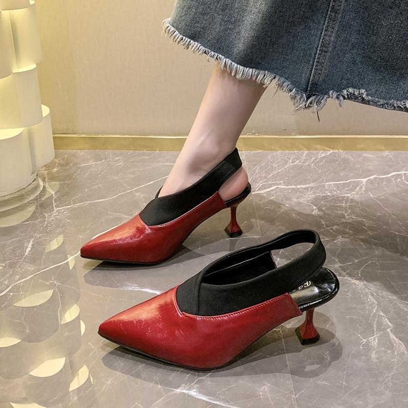 Fashion Beige Heeled Sandals Large Size Shoes Closed Toe 2025 Women's Shallow Mouth Black Big Stiletto Sexy Pointed New Elastic Band