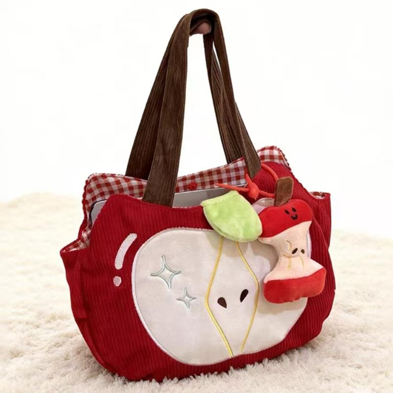 Red Apple Handbag Creative Cute Corduroy Shoulder Bag Stylish Outing Canvas Bag With Apple Pendant Casual Versatile Shoulder Bag