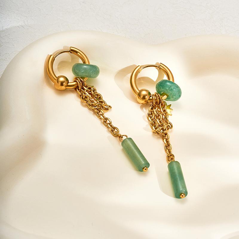 18K Gold Plated Stainless Steel Hoop Earrings for Women Vintage Green Natural Stone Charms Trendy Waterproof Jewelry