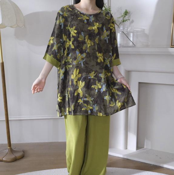 Hanfu pajamas women's spring summer new Chinese-style cotton and silk suit cotton silk medium-sleeved loose loungewear can be worn thin