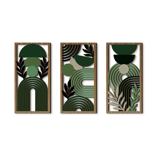 3 Pcs Boho Wood Wall Art Decor Minimalist Plants Geometric Hollow-out Hanging Ornament Abstract Wall Sculptures for Home Living Room Bedroom Kitchen