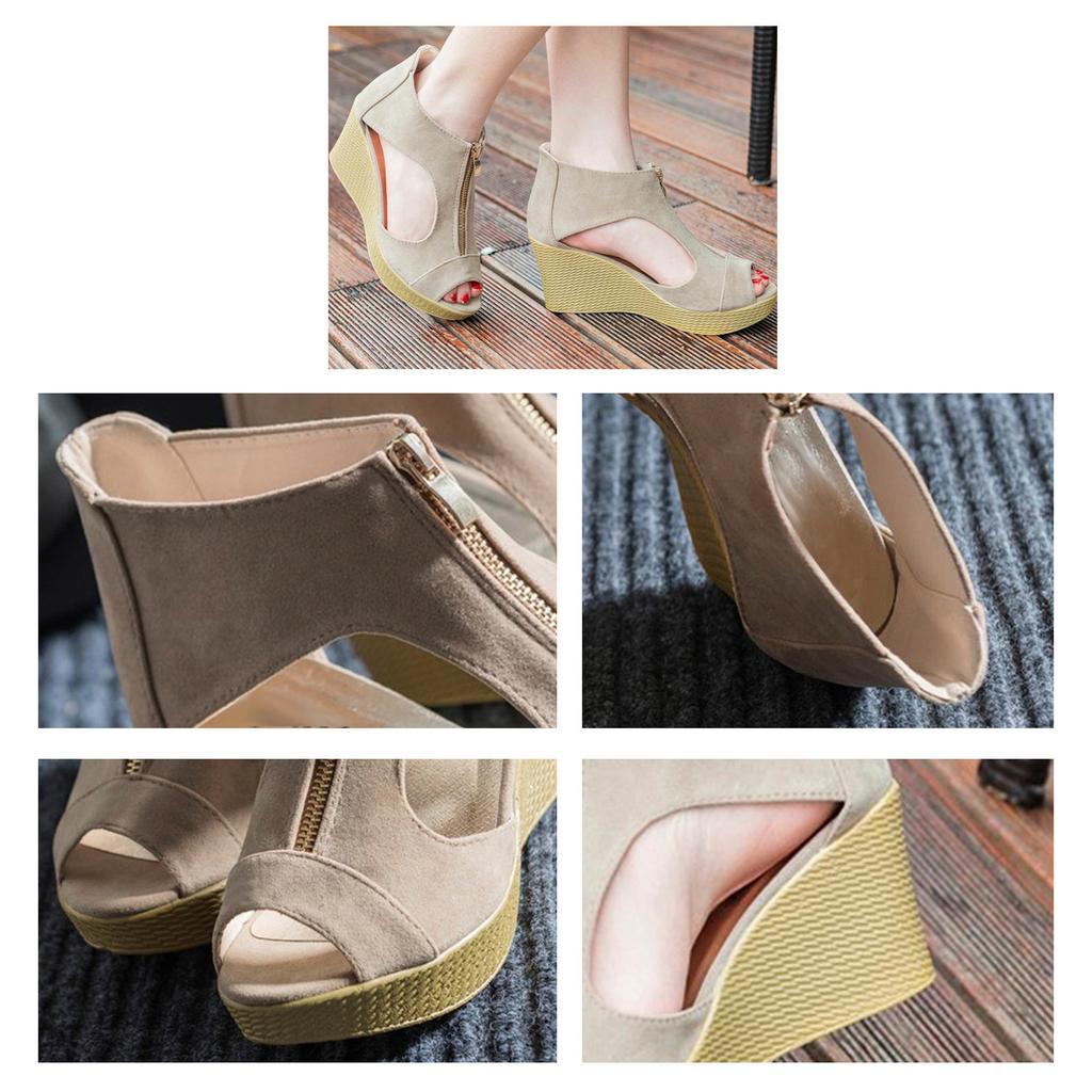 Damenschuhe mit Keilabsatz, Vintage-Stil, High Heels, offene Zehenpartie, Reißverschlüsse, Sandalen