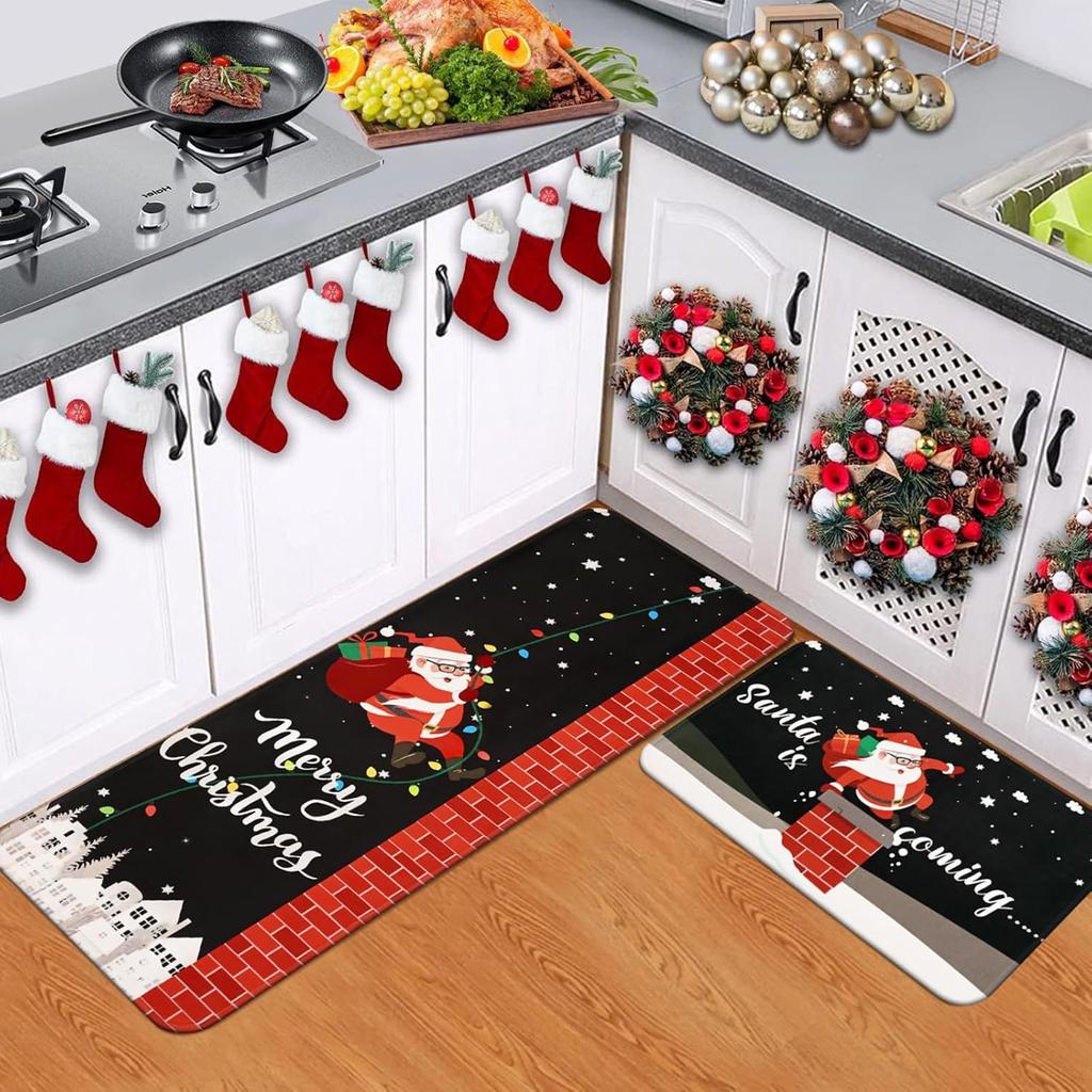 2pcs Christmas Dirt-resistant Floor Mat Household Kitchen Water and Oil Absorption Two-piece Set Foot Mat Entrance Door Mat