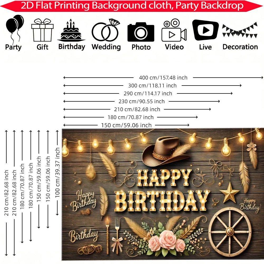 1pc Rustic Western Style Birthday Banner with Vintage Cowboy Hat Fairy Lights Wooden Wagon Wheels Bouquet with Pink Roses - B