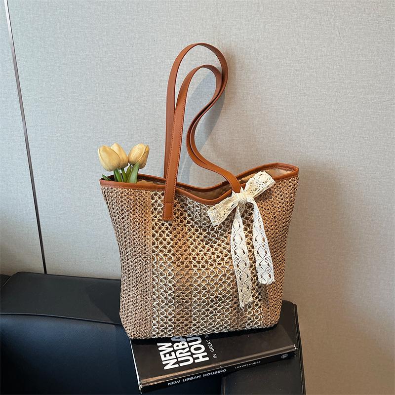 

Новая модная плетеная сумка-тоут большой вместимости, женская повседневная универсальная сумка, простая пляжная сумка, трендовая коричневый