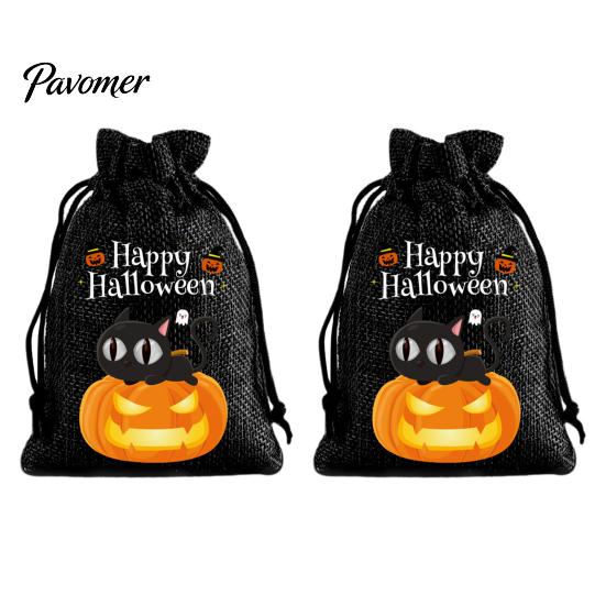 Trick or Treat Party Souvenirs 2Pcs Halloween Pumpkin Drawstring Bags for Candy Treats, Retro Burlap Rustic Linen Goodie Bags, Portable Kids