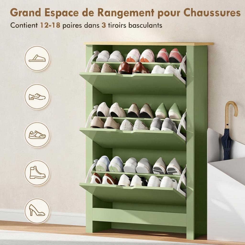 Shoe Cabinet 18 Pairs, High Gloss Shoe Storage Cabinet, 3 Flip Drawers, Adjustable Shelves, Green