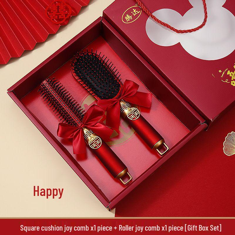Mitgift der chinesischen Braut: Roter Luftkissen-Kamm-Set - Flauschiger Airbag, Ein Paar mit Geschenkbox für Hochzeiten