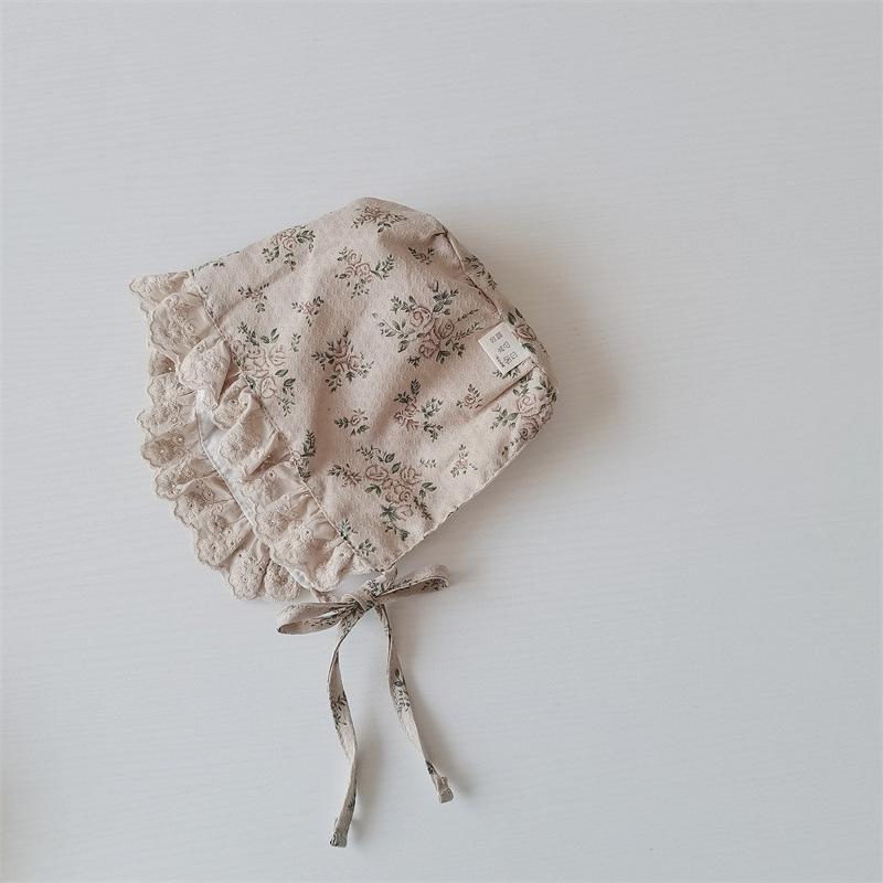 Princess Baby Ruffle Court Hat Lace-up Beanie Flower Print Infant Headgear Bonnet Kids Photo Props 0-12M Toddler Sunscreen Visors