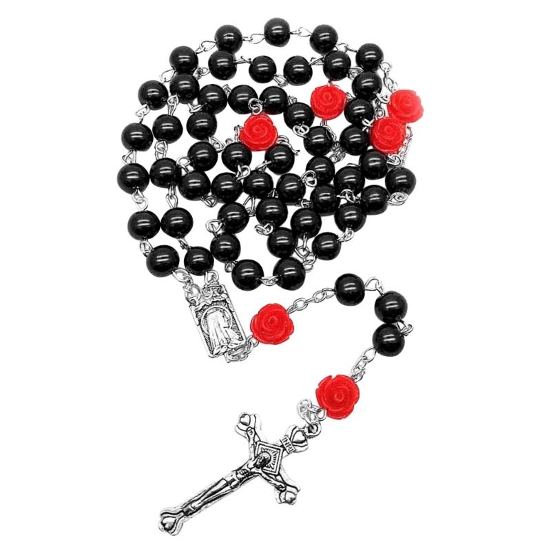 Elegant Cross Bead Necklace Rose Flower Glass Rosary Necklace Religious Jewelry Christian Prayer Beads Clavicle Chain